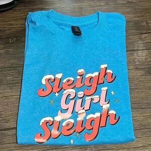 Sleigh girl Sleigh Christmas NEW light blue short sleeve shirt